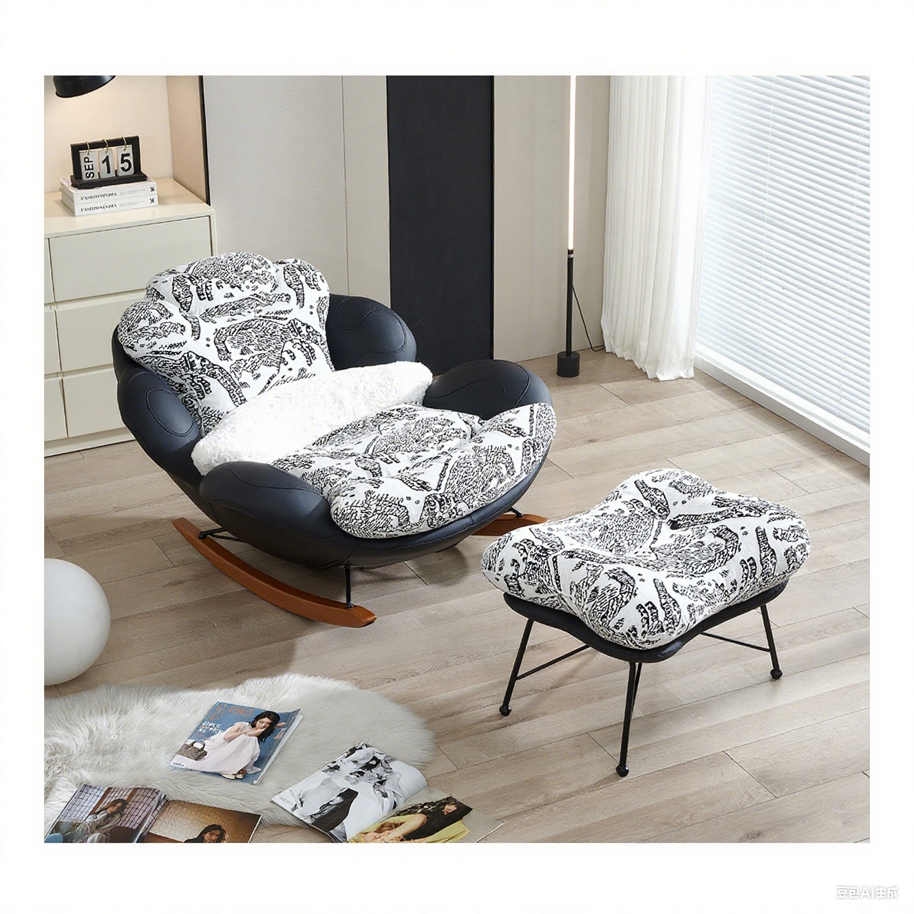 George Oliver Cooksey Faux Leather Rocking Armchair With a Black and White Patterned Cushion