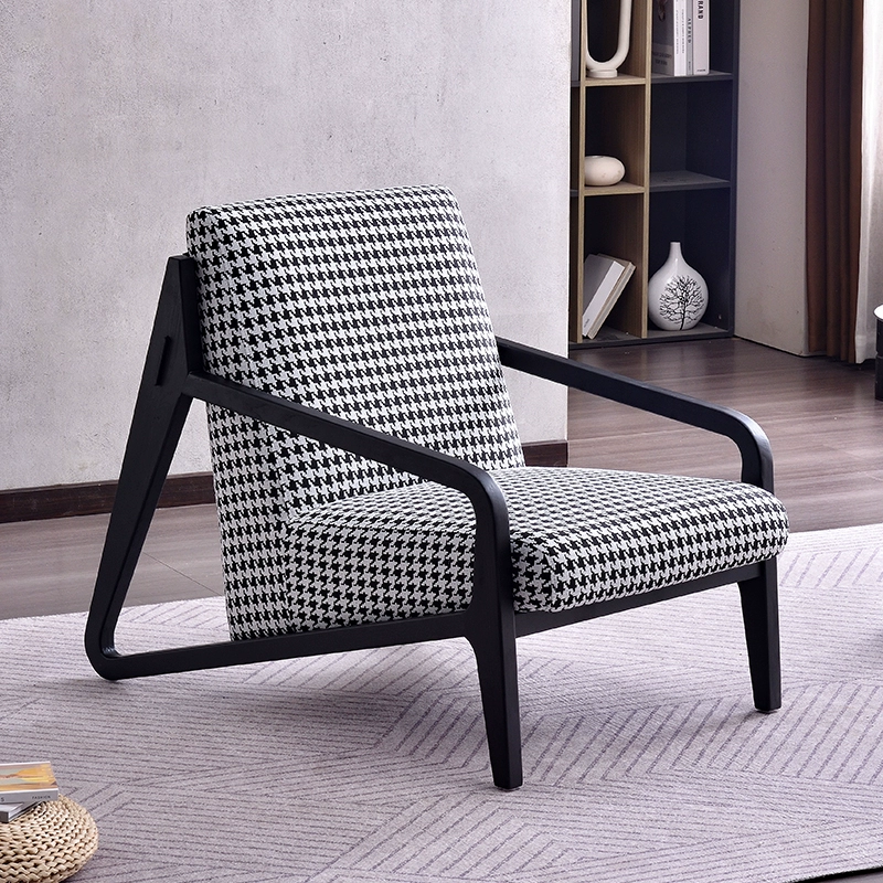 Ash Wood Lounge Chair With a Black And White Cotton Linen Fabric Cushion