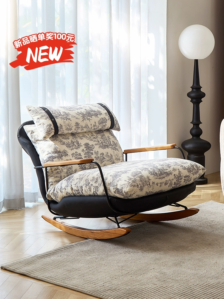 Retro Rocking Lounge Chair With Armrest In Cotton-linen Fabric Upholstery and a Solid Wood Frame.