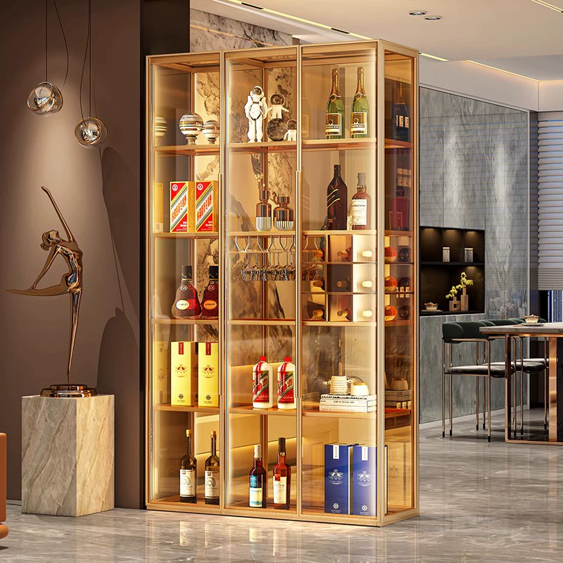 Tall, Gold-framed Glass Display Or Wine Cabinet With Multiple Shelves