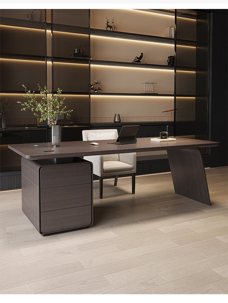 Modern L-shaped Executive Office Desk With A Filing Cabinet In A Dark Finish