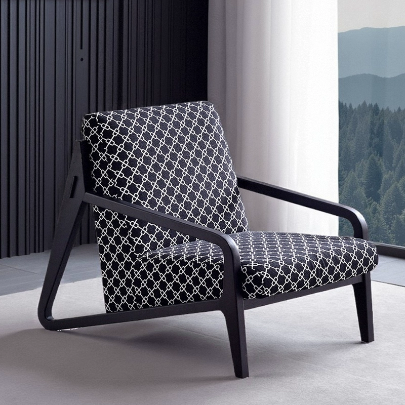 Ash Wood Lounge Chair With a Black And White Cotton Linen Fabric Cushion
