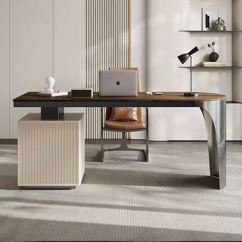 Minimalist Luxury Wood Desk With A Stainless Steel Base