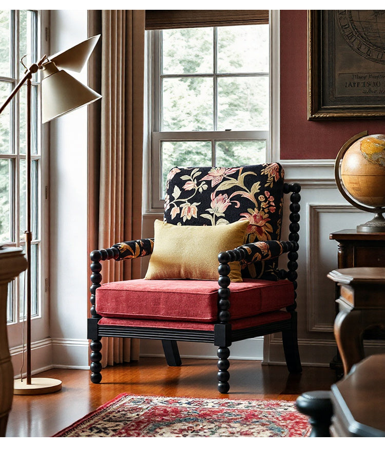 French Black Pearl Retro-style Solid Wood Accent Chair Featuring Red Velvet Upholstery and a Floral Patterned Backrest
