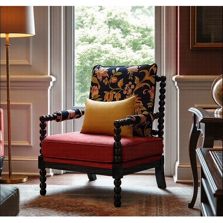 French Black Pearl Retro-style Solid Wood Accent Chair Featuring Red Velvet Upholstery and a Floral Patterned Backrest