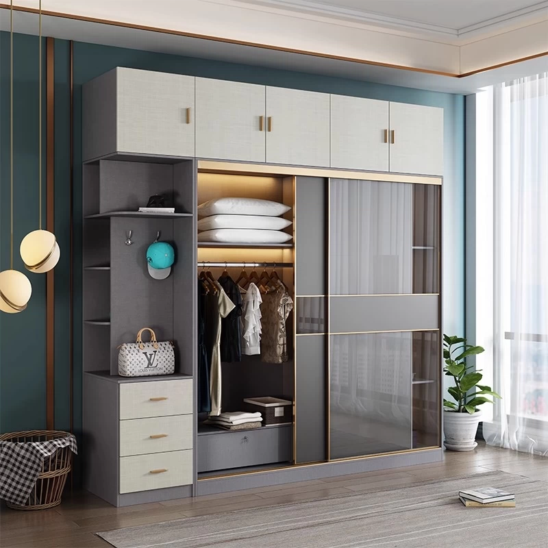 Contemporary Grey Glass Wardrobe Armoire With Drawers And Shelves