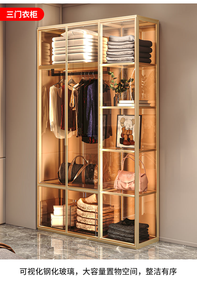 Modern Metal-framed Wardrobe With Glass Doors And Integrated Lighting