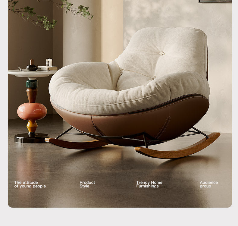 Modern Upholstered Rocking Chair With a Brown Leather Base and White Fabric Cushion