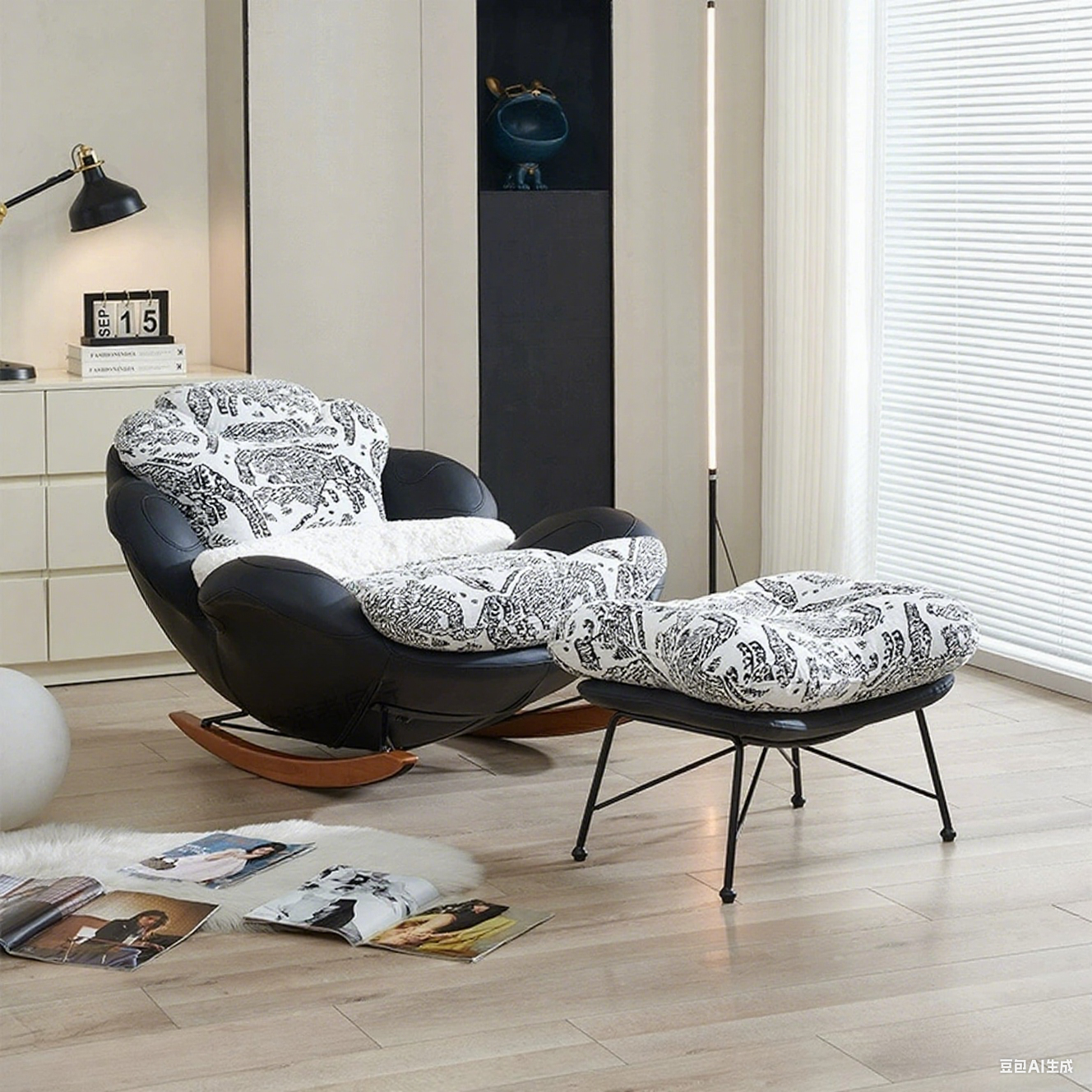 George Oliver Cooksey Faux Leather Rocking Armchair With a Black and White Patterned Cushion