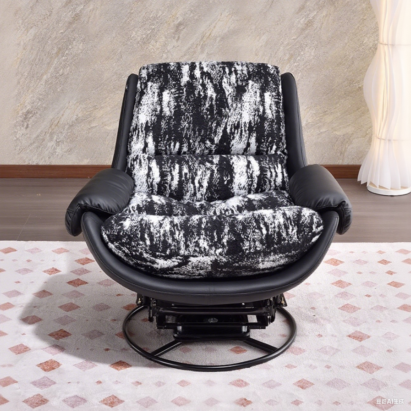 A Modern 360° Rotatable Ergonomic Accent Chair With a Black Faux Leather Base And a White And Black Floral Fabric Cushion