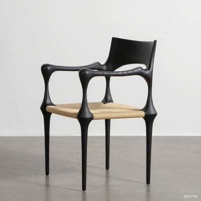 Modern Solid Wood Dining Chair With a Black Backrest and Natural Wood Seat
