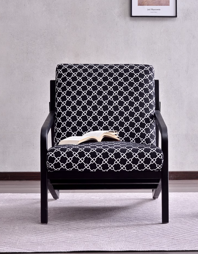Ash Wood Lounge Chair With a Black And White Cotton Linen Fabric Cushion