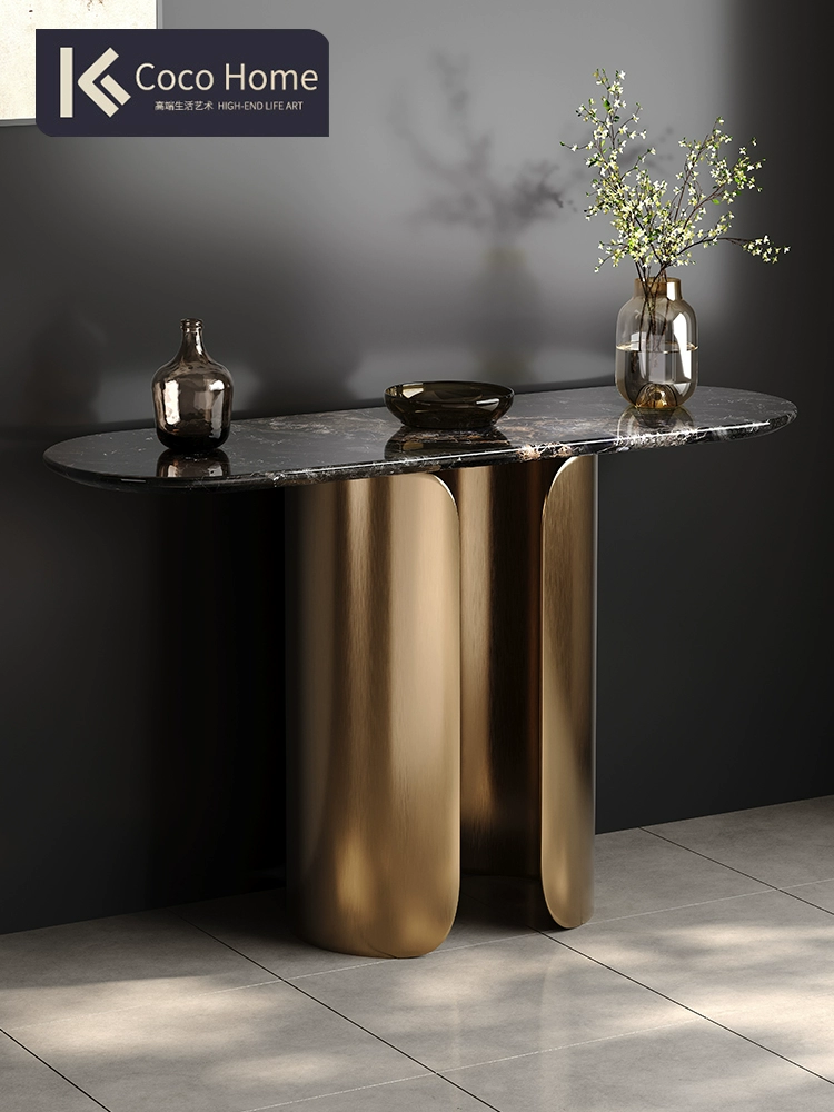 Modern Console Table With A Faux Marble Top And A Gold-finished Wrought Iron Base