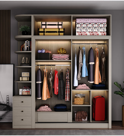 Modern Wooden Sliding Door Wardrobe With an Open Shelving Unit And Drawers
