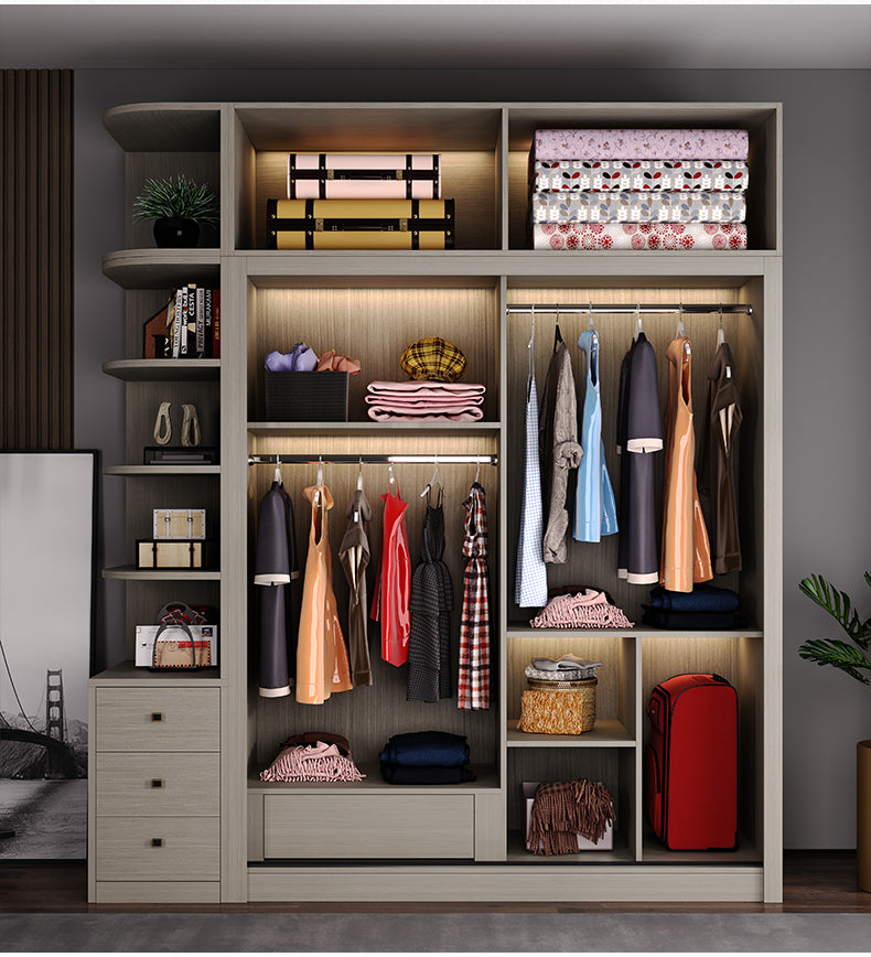 Modern Wooden Sliding Door Wardrobe With an Open Shelving Unit And Drawers