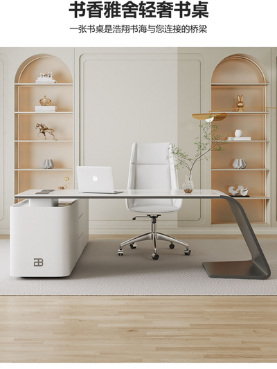 L-shaped Office Desk With a Stone Plate Top And Integrated Storage