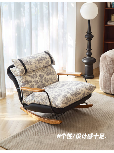 Retro Rocking Lounge Chair With Armrest In Cotton-linen Fabric Upholstery and a Solid Wood Frame.