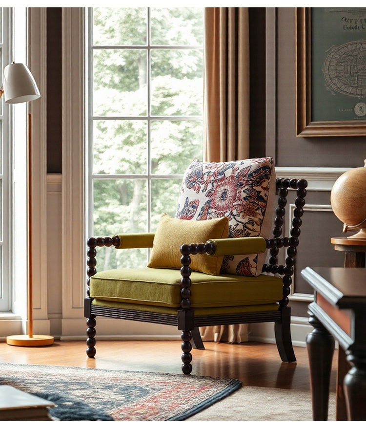 French Black Pearl Retro-style Solid Wood Accent Chair Featuring Red Velvet Upholstery and a Floral Patterned Backrest