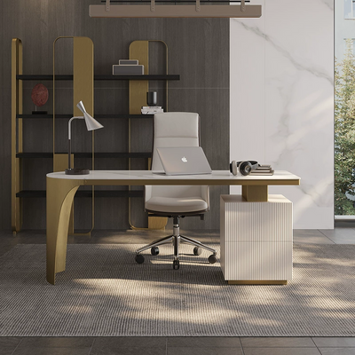 Modern White Marble-look And Gold-tone Irregular Shaped Office Desk