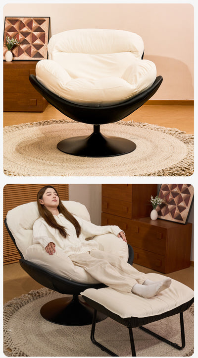 A Modern Swivel Accent Chair With a Brown Faux Leather Shell and a White And Black Patterned Fabric Cushion