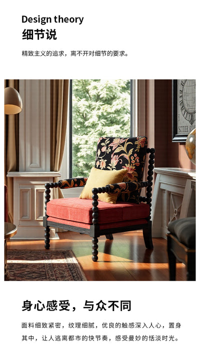 French Black Pearl Retro-style Solid Wood Accent Chair Featuring Red Velvet Upholstery and a Floral Patterned Backrest