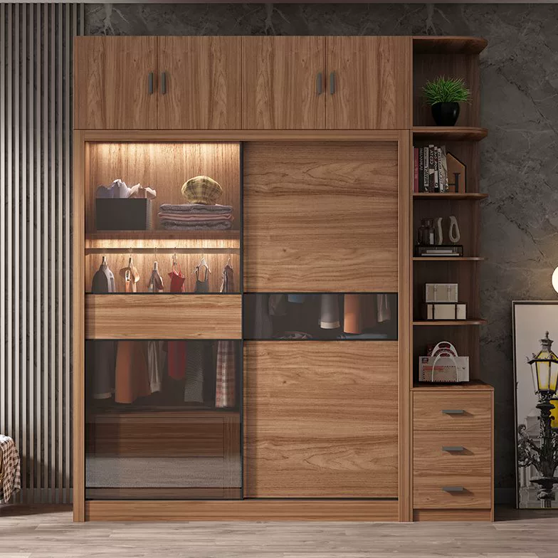 Brown Engineered Wood Sliding Door Wardrobe With Glass Panels And Open Shelving
