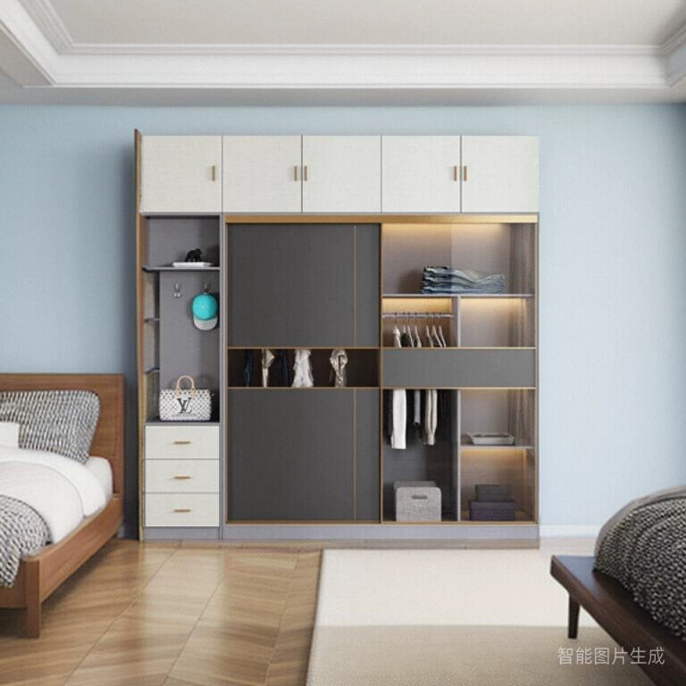 Contemporary Grey Glass Wardrobe Armoire With Drawers And Shelves