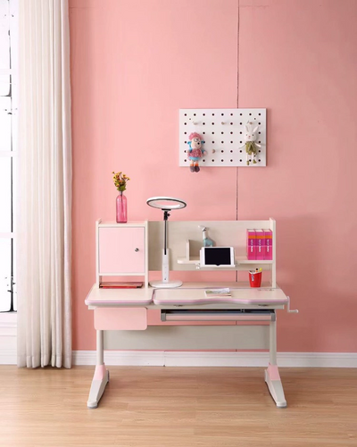 Pink Height-adjustable Ergonomic Kids' Study Desk With A Bookshelf And Tiltable Desktop