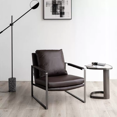 Mid-century Modern Accent Chair Featuring Brown Faux or Genuine Leather Upholstery and a Black Metal Frame