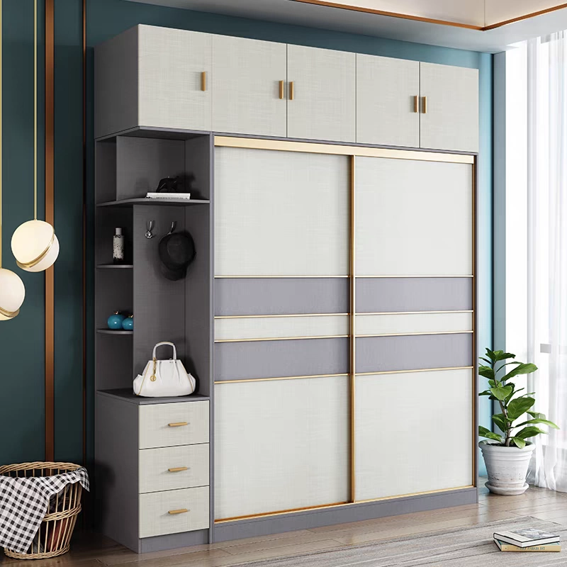 Modern White and Gray Modular Sliding Door Wardrobe With External Shelves