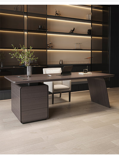 Modern L-shaped Executive Office Desk With A Filing Cabinet In A Dark Finish