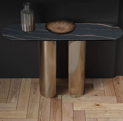 Modern Console Table With A Faux Marble Top And A Gold-finished Wrought Iron Base