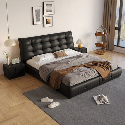 Black Faux Leather Upholstered Queen Size Platform Bed With A Tufted Headboard