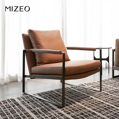 Mid-century Modern Accent Chair Featuring Brown Faux or Genuine Leather Upholstery and a Black Metal Frame
