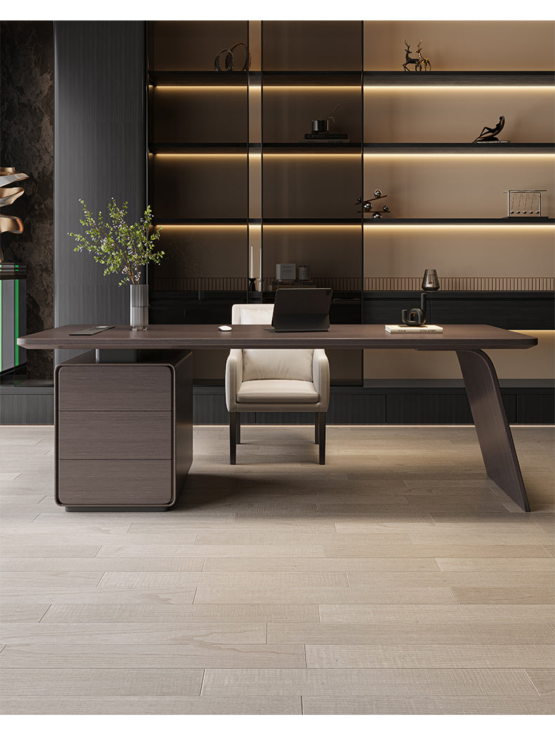 Modern L-shaped Executive Office Desk With A Filing Cabinet In A Dark Finish