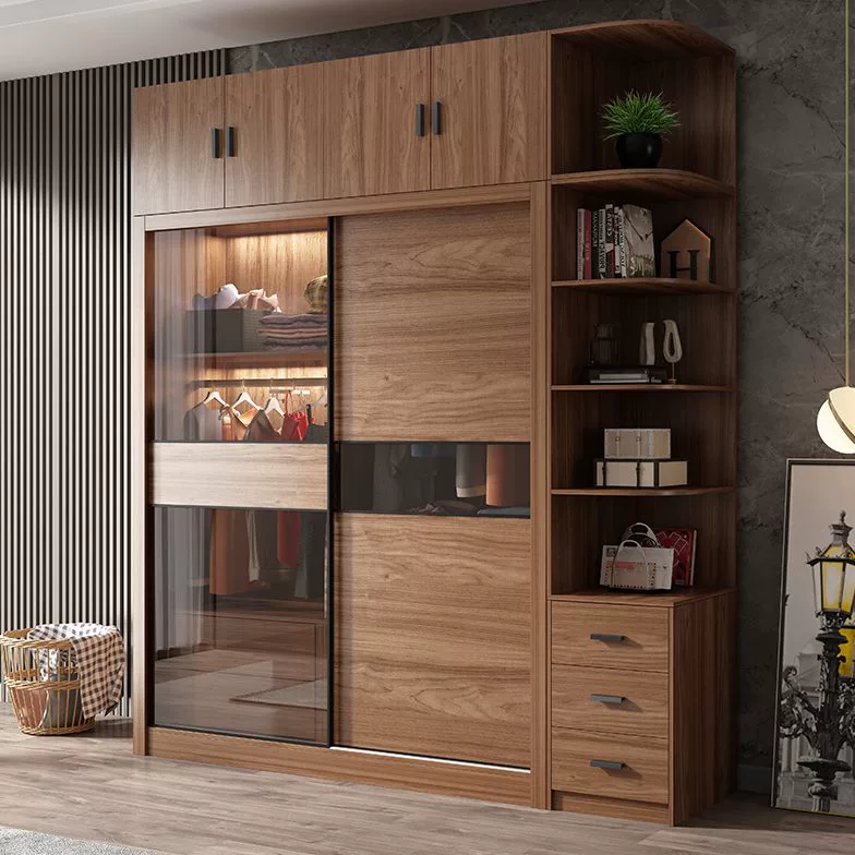 Brown Engineered Wood Sliding Door Wardrobe With Glass Panels And Open Shelving