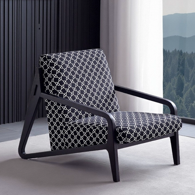 Ash Wood Lounge Chair With a Black And White Cotton Linen Fabric Cushion