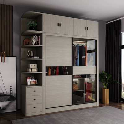 Modern Wooden Sliding Door Wardrobe With an Open Shelving Unit And Drawers