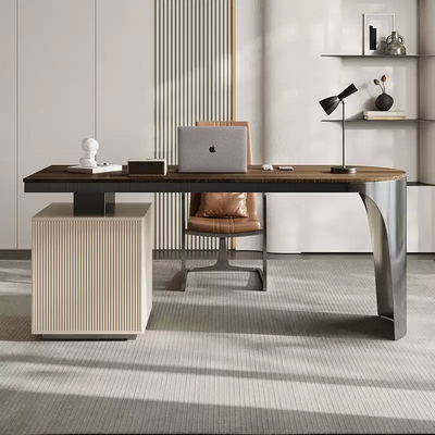 Minimalist Luxury Wood Desk With A Stainless Steel Base