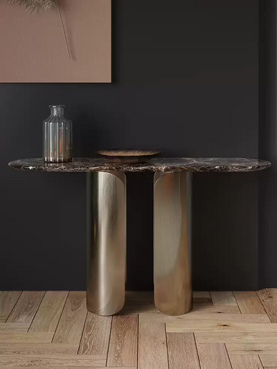 Modern Console Table With A Faux Marble Top And A Gold-finished Wrought Iron Base