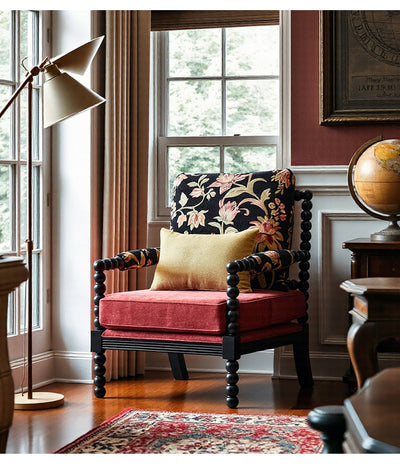 French Black Pearl Retro-style Solid Wood Accent Chair Featuring Red Velvet Upholstery and a Floral Patterned Backrest