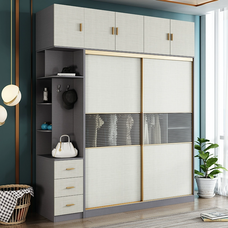 Modern Engineered Wood Sliding Door Wardrobe With Integrated Open Shelving And Drawers