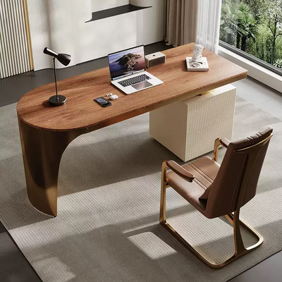 Minimalist Luxury Wood Desk With A Stainless Steel Base