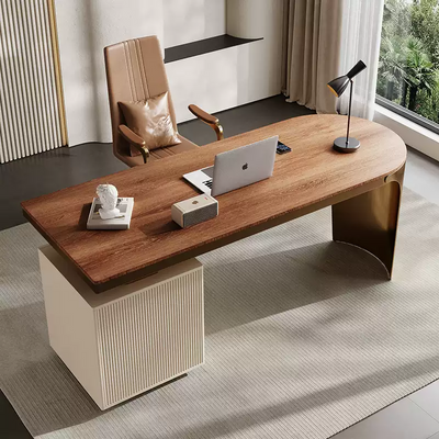 Minimalist Luxury Wood Desk With A Stainless Steel Base