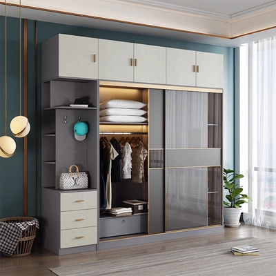 Contemporary Grey Glass Wardrobe Armoire With Drawers And Shelves