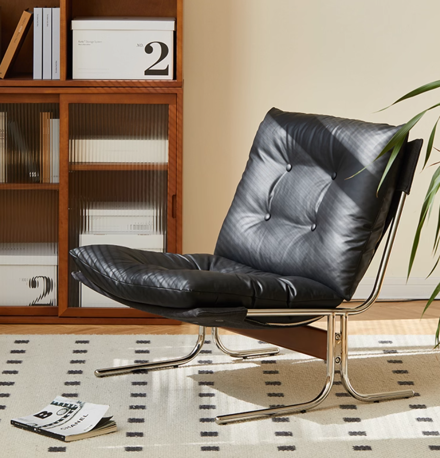 Mid-century Modern Black Faux Leather Lounge Chair With a Chrome Frame
