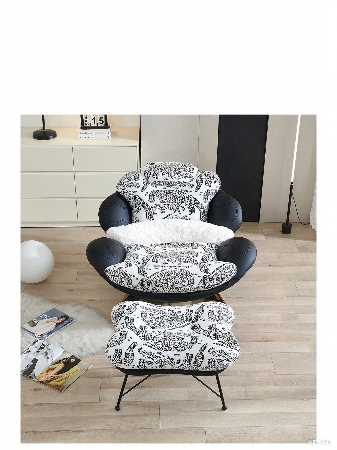 George Oliver Cooksey Faux Leather Rocking Armchair With a Black and White Patterned Cushion