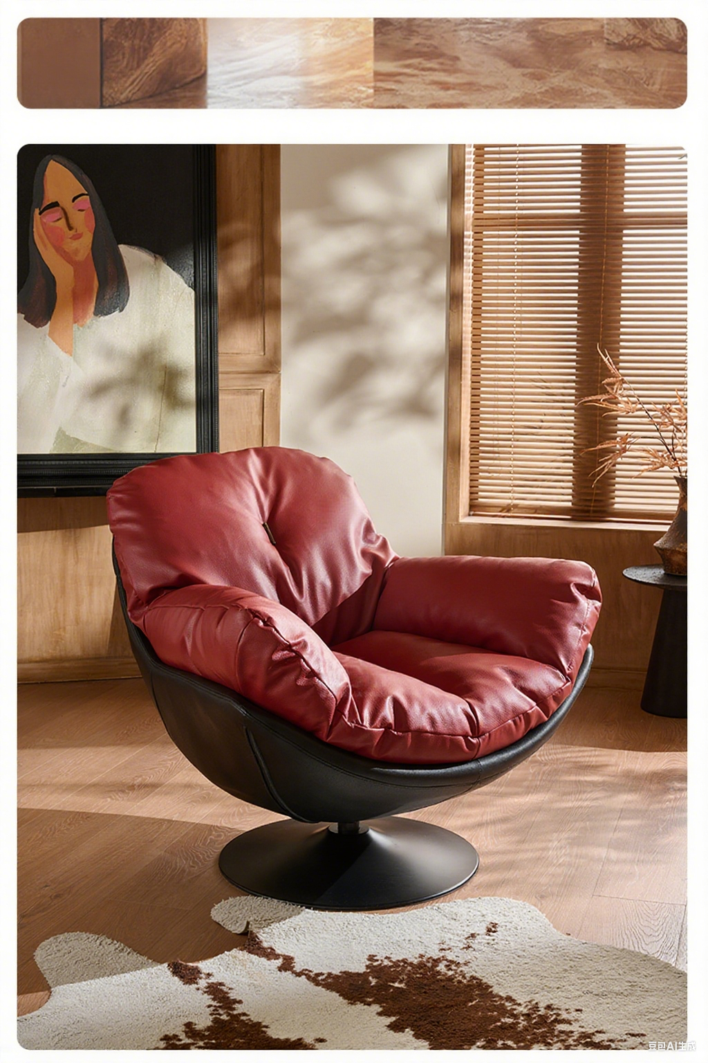 Modern Red Leather Swivel Lounge Chair