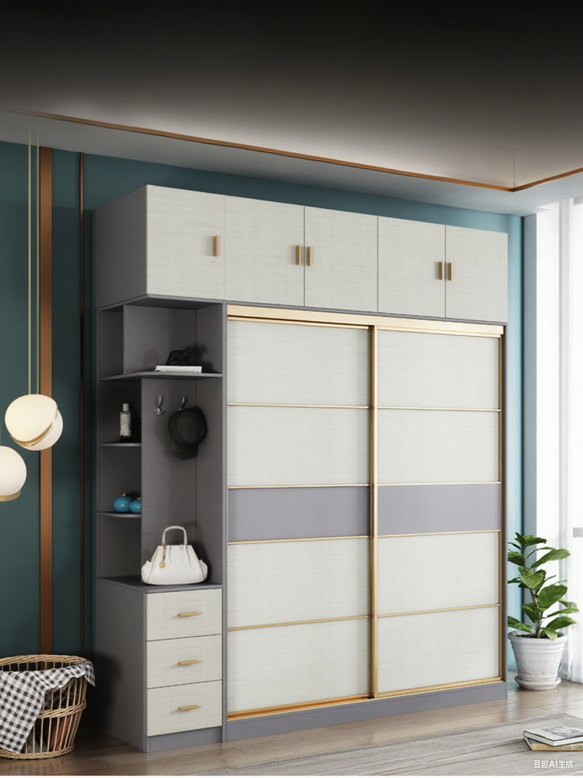 Modern White And Gray Modular Wardrobe With Sliding Doors And External Shelves