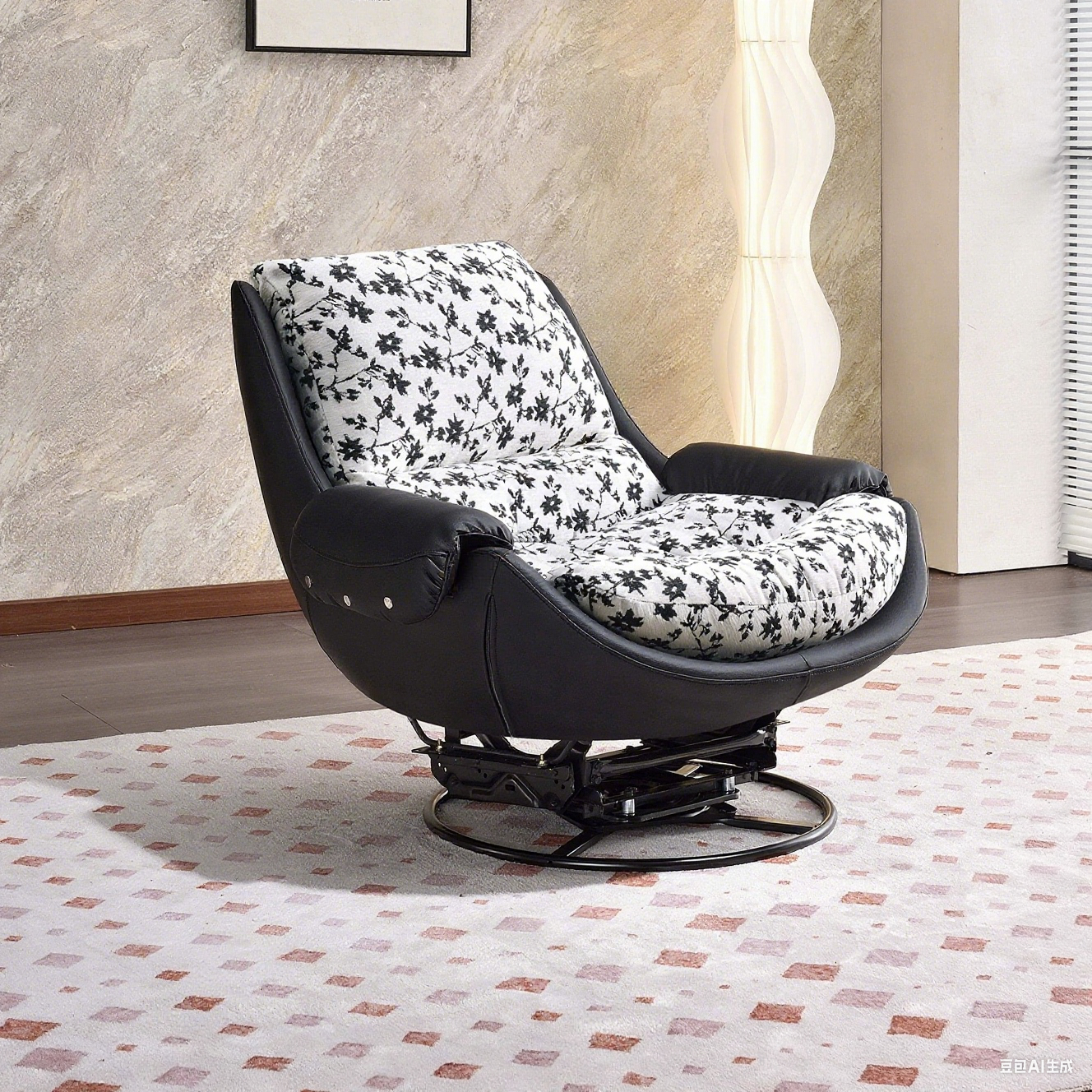 A Modern 360° Rotatable Ergonomic Accent Chair With a Black Faux Leather Base And a White And Black Floral Fabric Cushion
